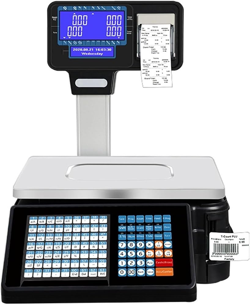 JKJZSALJ Digital Price Computing Scale,2Roll Label Thermal Printer,Label Printing Scale Pole Display With Vertical Pole,Double Side Lcd Display For Food Meat Produce Weigh