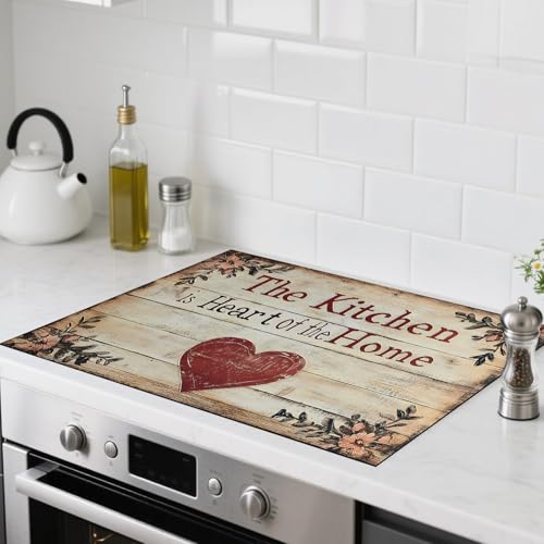 Image of Nuxovilar Stove Top Cover for Electric Stove, 20x28 Inch Polyester Glass Cooktop Protector with The Kitchen is My Happy Place Heart Design, for Kitchen Decor & Daily Use