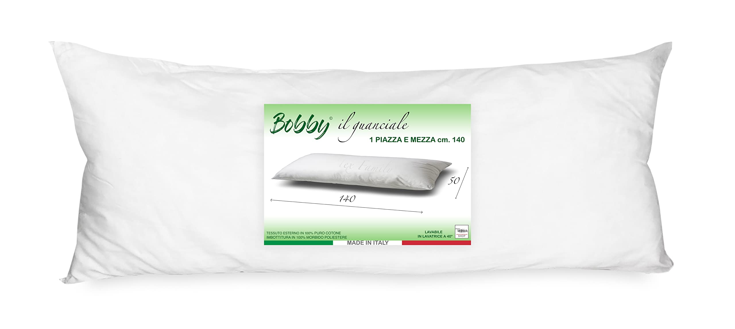 Tex family Almohada Bobby Cojín Cama 1 Plaza y Media Largo 140 cm Medida Blanco 50 X 140 cm