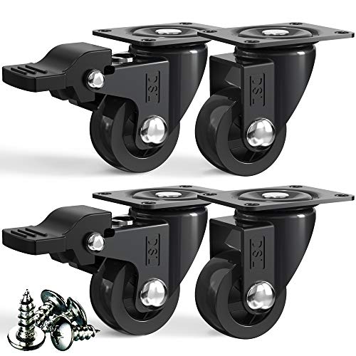 DSL Small Swivel Castor Wheels Trolley 25mm Heavy Duty Caster Wheels Set of 4 Rubbered Wheel for Furniture with 2 Brakes- Black up to 60KG +Free Fitting Castors for Furniture