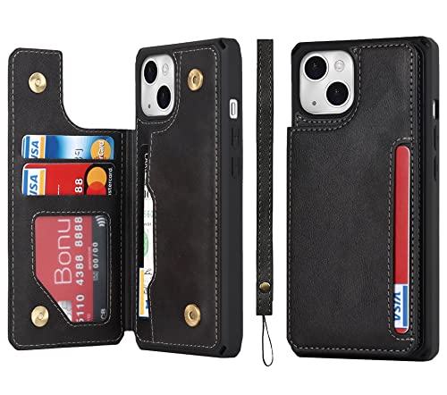 iCoverCase Compatible with iPhone 14 Plus Wallet Case with Card Slots Holder and Wrist Strap PU Leather Kickstand Double Magnetic Clasp Shockproof Cover Case 6.7 Inch (Black)