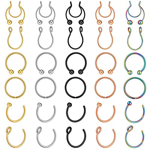 Yaomiao 30 Pieces Fake Septum Piercing Nose Rings Non-Piercing Clip on Nose Hoop Rings Stainless Steel Faux Lip Ear Nose Septum Ring, 6 Styles