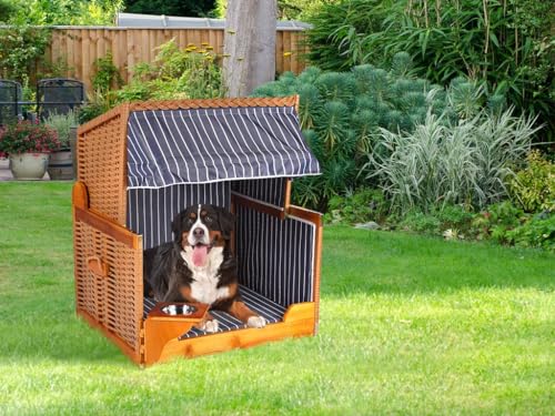 Woodtex Hundestrandkorb Kieferholz |Hundehütte inkl. Schützhülle schwenkbarer Wasser-/Futternapf|Sonnenschutz Hunde und Katzen|Rattan Braun mit Dunkelblau-weißen Nadelstreifen