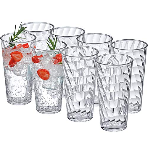Amazing Abby - Glacier - 18-Ounce Plastic Tumblers (Set of 8), Plastic Drinking Glasses, All-Clear High-Balls, Reusable Plastic Cups, Stackable, BPA-Free, Shatter-Proof, Dishwasher-Safe