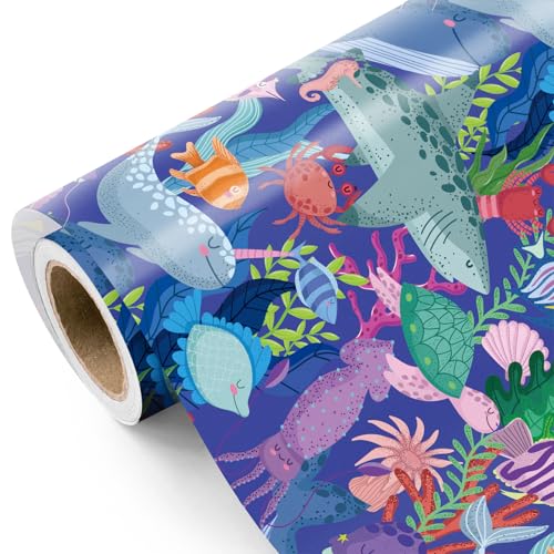 WRAPAHOLIC Ocean Wrapping Paper Roll - Mini Roll - 17 Inch x 16.5 Feet - Ocean Creatures Under the Sea Wrapping Paper Perfect for Boys Girls Kids Birthday, Baby Shower