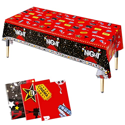 HHLCWA 3 Pack Movie Night Party Tablecloths, Disposable Movie Night Table Cover, Movie Night Theme Party Supplies Birthday Party Decorations, 86.6 x 51.2in