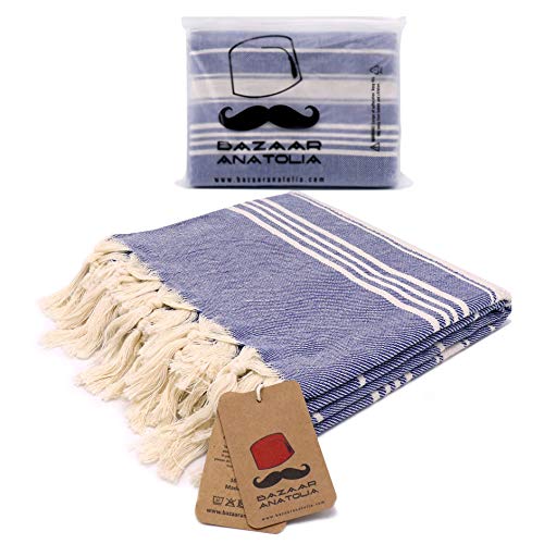 Bazaar Anatolia Stripe Turkish Towel 100% Cotton Peshtemal Bath Towel 75x38 Thin Lightweight Travel Camping Bath Sauna Beach Gym Pool Blanket Fouta Quick Dry Towels (Dark Blue)