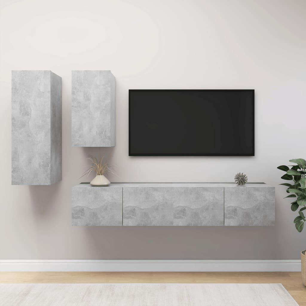 4-częściowy zestaw szafek telewizyjnych betonowo-szary, materiał drewnopochodny, wiszący, nowoczesny design, duża przestrzeń do przechowywania, konsola multimedialna do salonu, trwała