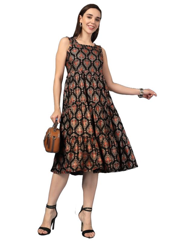 Image of Daevish Cotton Floral Printed Flared Maxi Dress for Women | Women Maxi Length Dress Black
