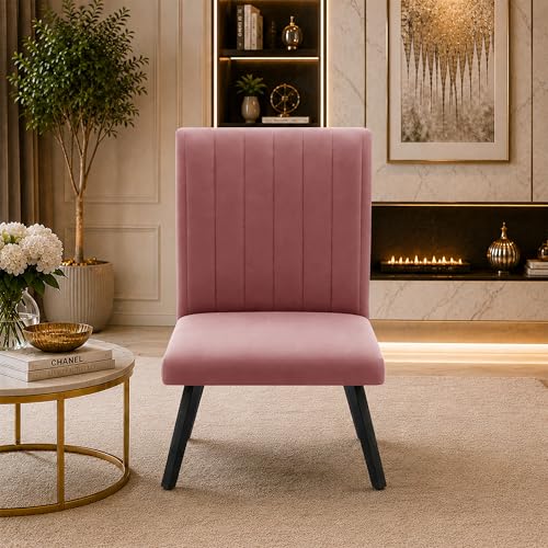 Image of Modern Velvet Accent Chair for Living Room | Upholstered Single Seater Chair with Metal Legs | Comfortable Seating for Bedroom, Office & Guest Room - Rose Pink