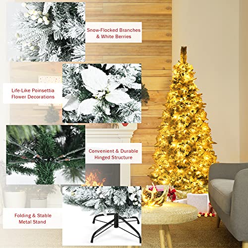 Goplus 6Ft Artificial White Christmas Tree, Pre-Lit Snow Flocked Pencil Xmas Tree W/ 471 Tips, 250 Led Lights, 100% New Pe & Pvc, Pre-Decorated Ornaments, Fake Snow Pine Tree For Home, Office #TOP3