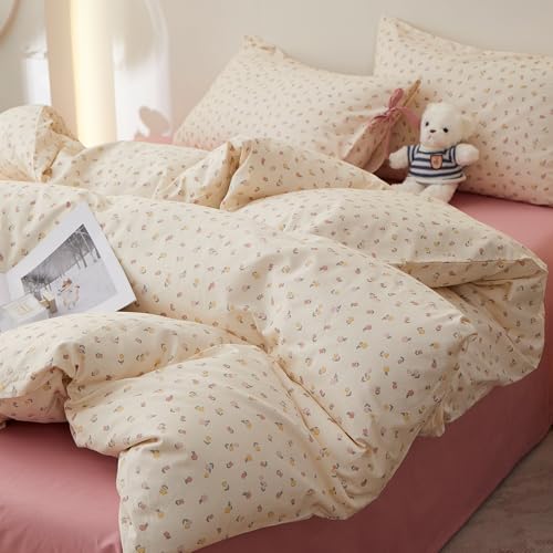 Image of LifeTB Botanical Floral Comforter Set King, Cute Colorful Flowers Pattern Cottagecore Comforter with 2 Bow Ties Pillowcases, Soft Lightweight Bedding Comforter for All Seasons Aesthetic Bedroom Decor