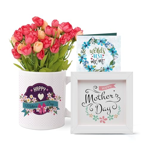 Image of TIED RIBBONS Gift for Mom, Birthday Gift for Mom Women Wife Mother in Law Mummy (Printed Ceramic Coffee Mug with Artificial Flower Bunch, Photo Frame & Greeting Card) - Anniversary Birthday Gift Set