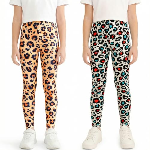 FILOWA Leggings pour Filles 2-Pack Haute Taille Élastique Pantalon Coloré Imprimé Enfants Léger Doux Legging Longueur Stretchy Pants Décontracté...