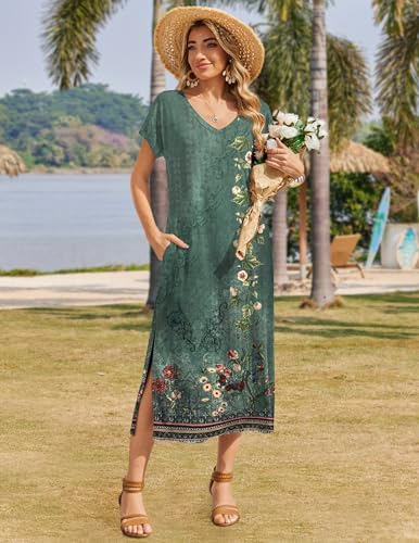 Image of Zeagoo Women Summer Floral Dress Short Sleeve Beach Dress with Pockets Casual V-Neck Split Long T-Shirt Dress Travel Vacation
