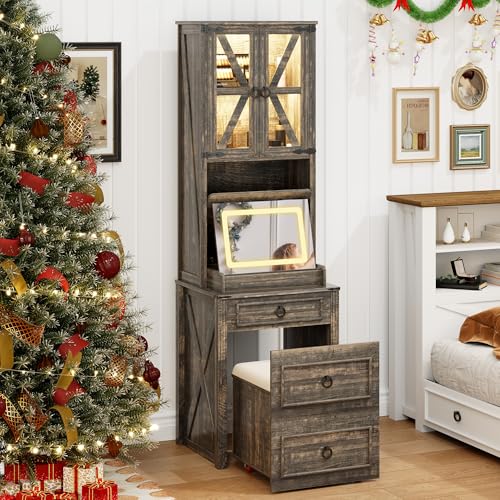 FREDEES Vanity Desk with Mirror,Small Makeup Vanity Set with Customizable Lighting,Compact Makeup Vanity Desk with Hidden Storage and Comfortable Stool,Dressing Table for Bedroom,Brown