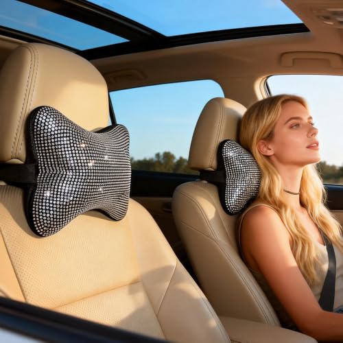 運転席用車用ネックピロー 2個パック 自動ヘッドレストクッション ヘッドレスト ネックサポート リラックス クリスタル ラインストーン ダイヤモンド インテリア キラキラアクセサリー 女性用 ガーリー 快適 ホワイトの商品画像（Amazon）