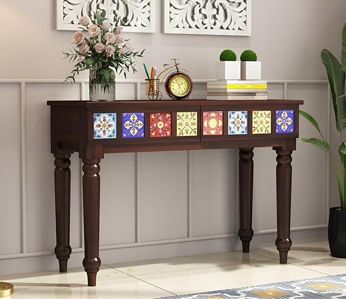TreeWallery Sheesham Wood Console Table with 2 Drawers | Traditional Wooden Console Table with Decorative Tiles & Walnut Finish | Solid Wood Console Tables for Entryway, Living Room & Hall-image-40