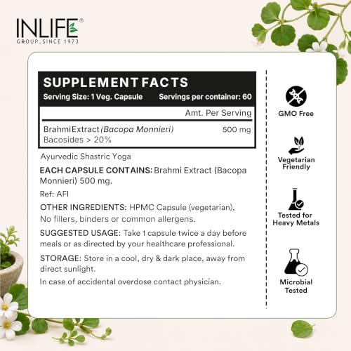 Image of INLIFE Brahmi Capsules 500mg, Bacopa Monnieri Bacosides >20%, Ayurvedic Nootropic Support for Memory & Focus, 60 Veg Capsules (Pack of 2)
