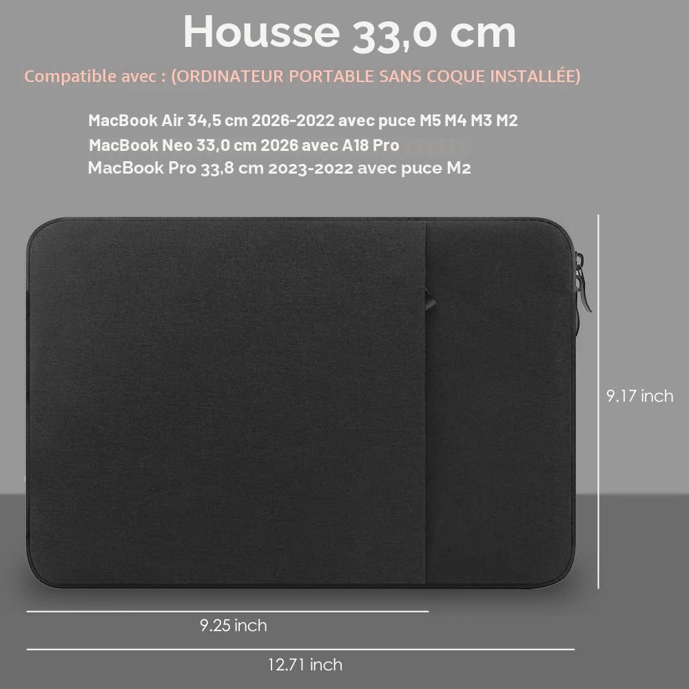 Housse de Protection 13 Pouces pour MacBook Air 13,6" M5/M4/M3/M2 (2026-2022) & MacBook Neo 13" 2026 (A18 Pro) – Étui Résistant à l'Eau Noir