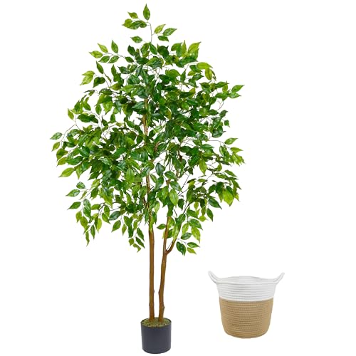 Warmplants Artificial Ficus Tree, 5ft Tall Fake Ficus Tree with Basket, Faux Plant for Indoor Outdoor Home Livingroom Office Garden Porch Décor