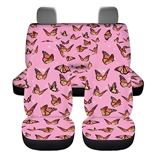 Image of Pink Butterfly Print Automotive Seat Cover Full Set Custom Front Back Seat Cover Easy Install Soft Breathable Universal Car Seat Protector for Women Men Fitted Car Interior Accessories for Trucks