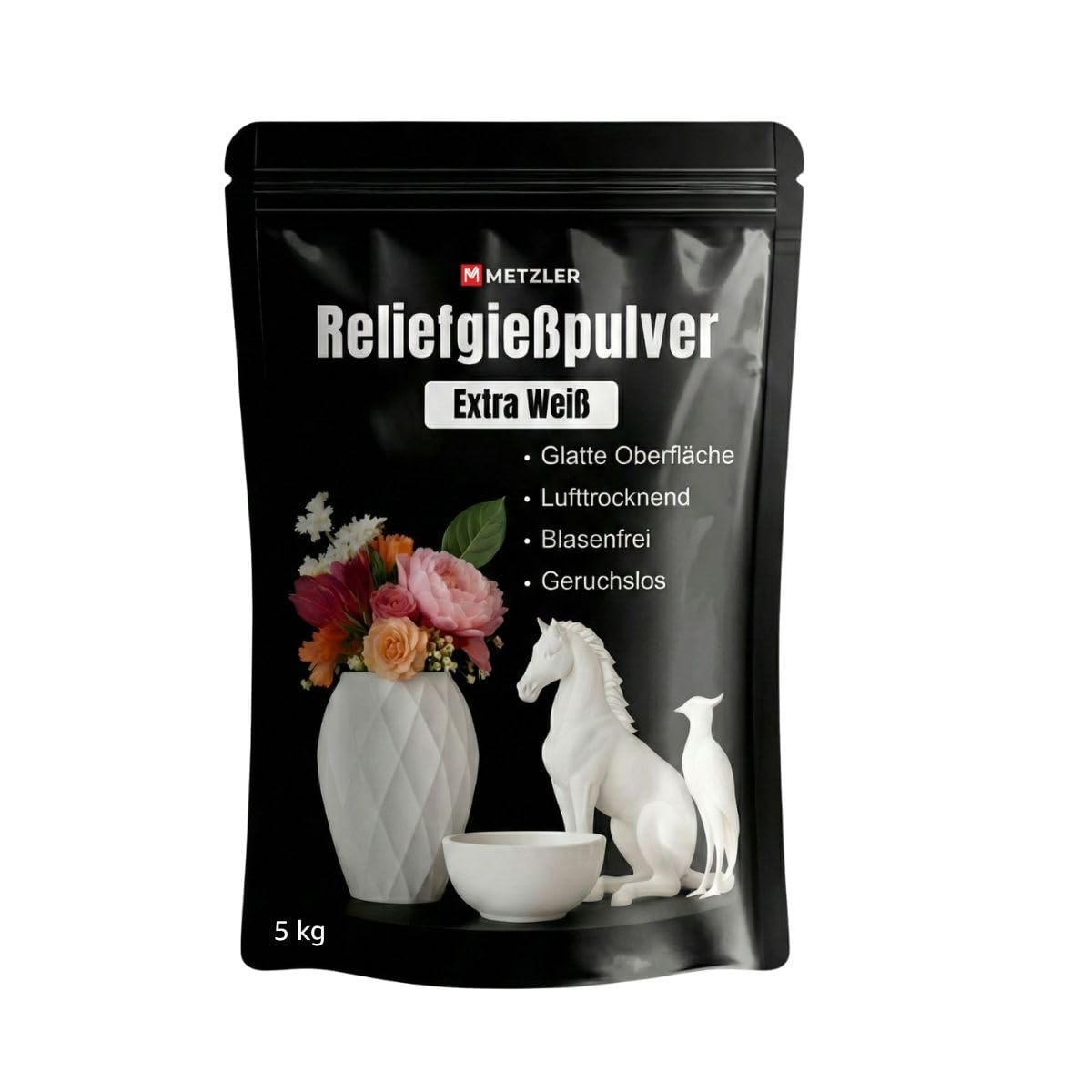Metzler Polvo de fundición blanco 5 kg, polvo de fundición de cerámica fina para fundición, endurecimiento al aire, inodoro, estable y de secado rápido, polvo de moldeo en relieve detallado para