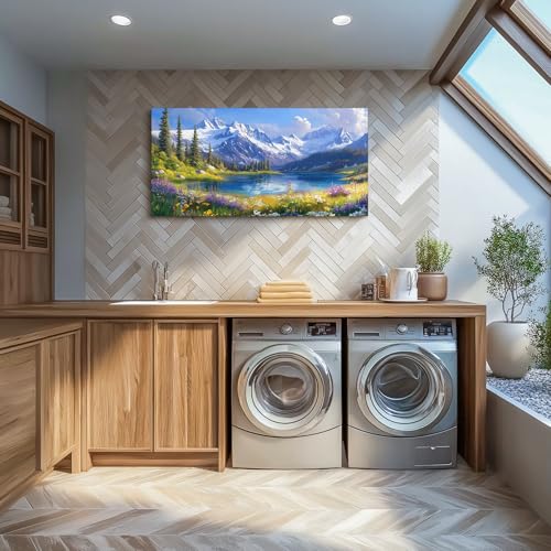 crmotu Mountain Lake Wall Art, Natural Landscape Large Wall Decor, Forest Meadow Wildflower Canvas Prints, Country Charm Pictures for Living Room Bedroom Kitchen, Rustic Farmhouse Decor 24x48 Inch