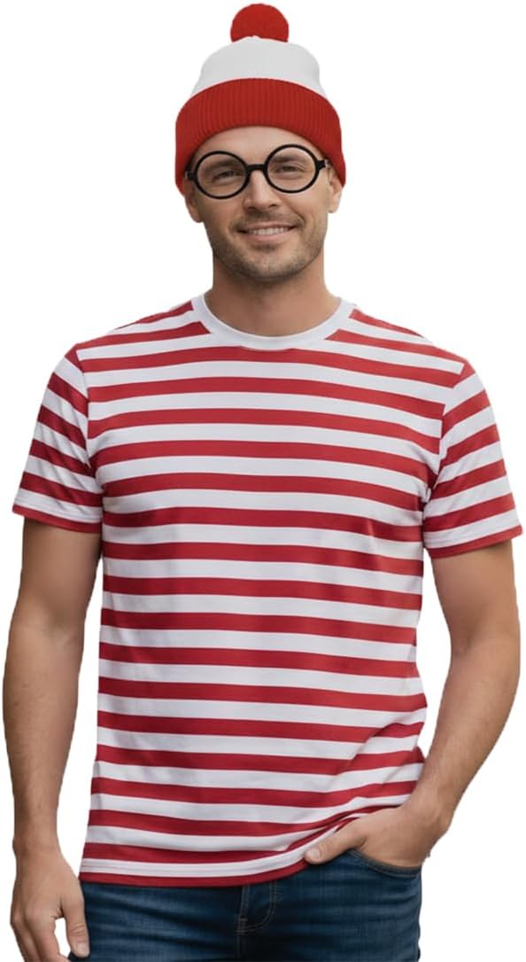 VEARZ Unisex Volwassenen Rood en Wit Jumper Hoed Bril Set - Heren Dames 3 Stuks Boek Week Fancy Dress Gestreepte Trui Top Plus Size XXL