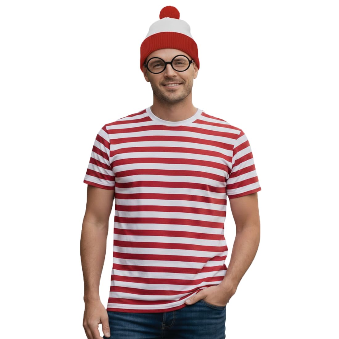 FASHIONISM Mens Womerns Red and White Stripe T Shirt Hat Glasses 3 pcs Set Unisex Fancy Dress Book Week Costume (3Pcs Set Medium)