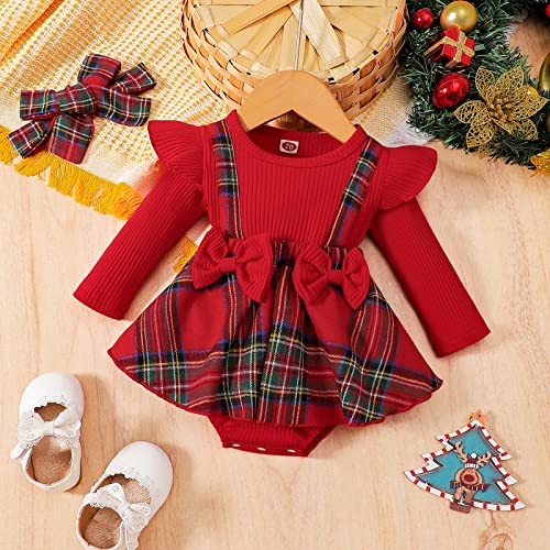 Hnyenmcko Newborn Baby Girl Christmas Clothes Infant Red Plaid Romper Dress Ruffle Long Sleeve Ribbed Bodysuit Headband Set2