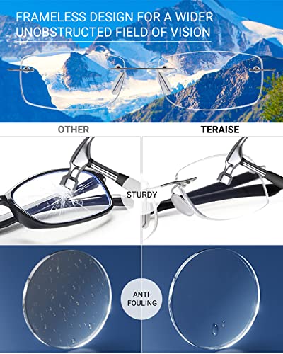 Teraise 2-Pack Rimless Reading Glasses For Men Women, Enjoy Wider Vision Blue Light Blocking Reading Glasses With Sturdy Lens,Ultralight Computer Reader Reduce Eye Strain(2.0X) #TOP2