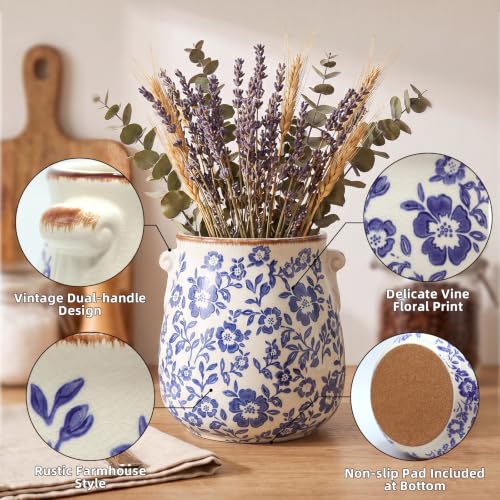 Blgiont Ceramic Utensil Holder, Floral Kitchen Crock, Vintage Farmhouse Countertop Crock, Cooking Utensil Holder with Large Capacity, Non-slip Base for Farmhouse Decor - Blue by Blgiont - Used condition - Image 3