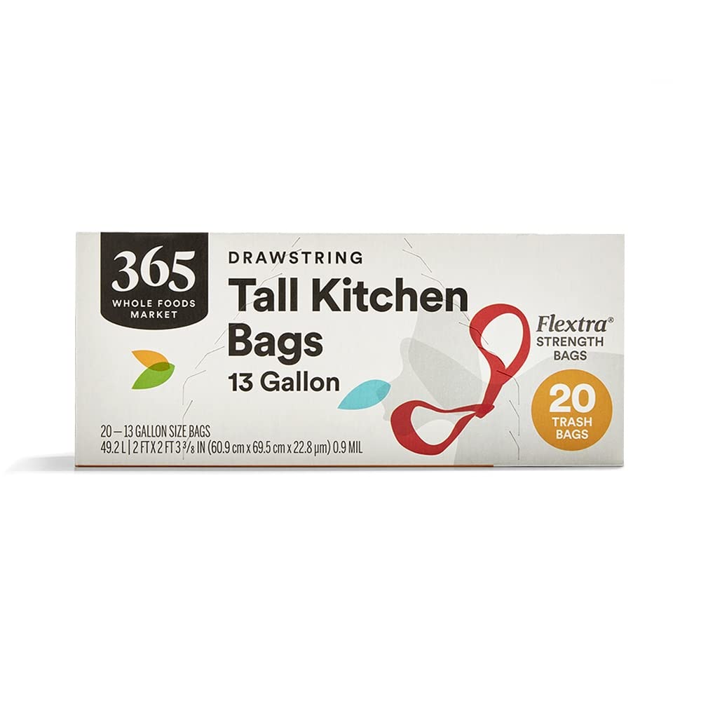 365 by Whole Foods Market, Flextra Strength Drawstring Tall Kitchen Trash Bags, 13 Gallon, 20 Count