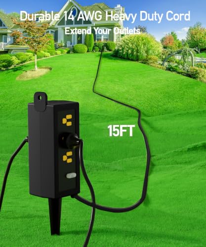 Image of Outdoor Power Strip Weatherproof, ZZJ IP69 Grade Waterproof Surge Protector, 15 FT Outdoor Extension Cord with Stake, 6 AC Outlets,14 AWG Heavy Duty Cord for Outdoor Patio Garden-Black