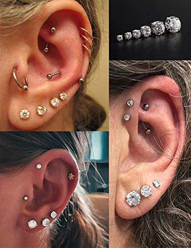 Cisyozi Earrings Stud Ear Earring Set For Women Men 18G 316L Silver Stainless Surgical Steel Flat Screw Back Diamond Cartilage Helix Tragus Conch Lobe Earrings Stud Barbell Piercings Jewelry Girl 6Mm #TOP3