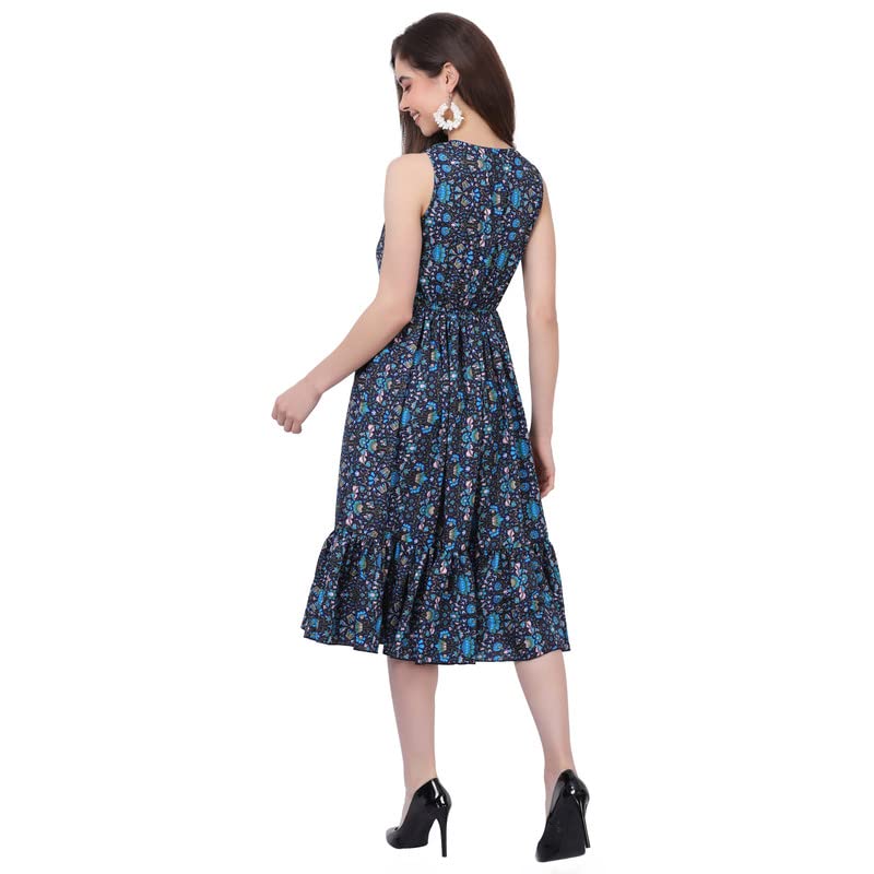Image of Women's Crepe A-Line Knee Length Dress | Western Sleeveless Dress for Girls | Flared Frock | Frill Midi | Knee Gown