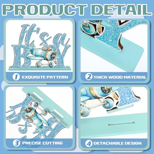 Image of Realspring 6 Pcs Airplane Baby Shower Decorations Airplane Wooden Table Centerpieces for Boy 1st Birthday Party Aircraft Theme Party Decoration It's a Boy Baby Shower Supplies