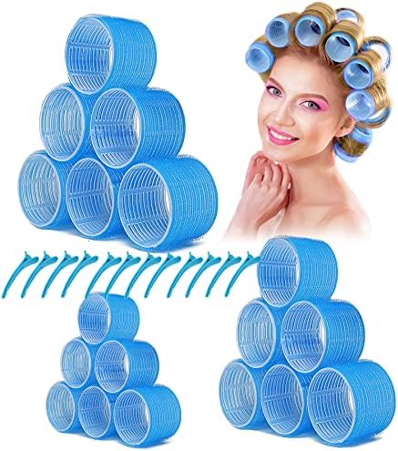 YEVYO Jumbo Hair Rollers, 30 Packs Large Hair Rollers for Long Medium Hair, 3 Size Self Grip Hair Rollers Women Curls at Home (6×Jumbo+6×Large+6×Medium)- Blue