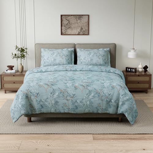 Image of Haus & kinder Double Bedsheet for Queen Size Bed | 90 x 100 Inches 144 TC Cotton Bedsheet for Double Bed with 2 Pillow Covers - Serene Branch Green