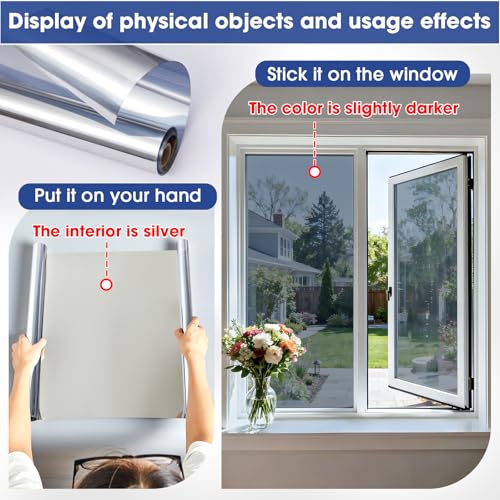 Image of Coavas One Way Privacy Window Film, Sun Blocking Reflective Window Film See Out Not in, Heat Control Window Tint for Home, Anti UV Static Cling for Windows Office Door (Silver, 17.5 Inch X 9.8 Feet)