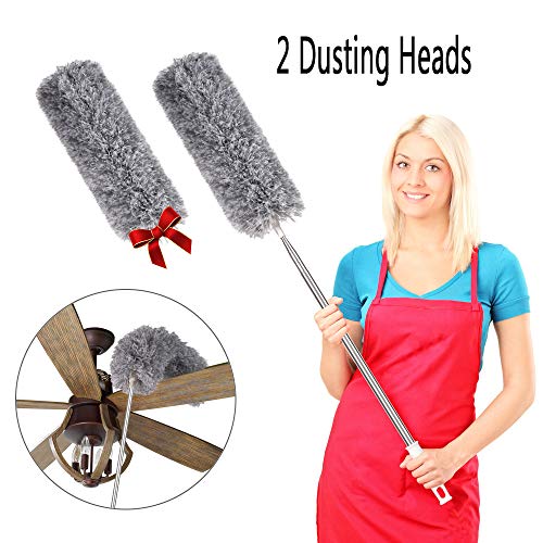 Ceiling Fan Duster, 2 Bendable Head Microfiber Duster with Extension Pole(Stainless Steel), Extra