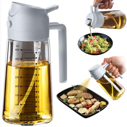 TrendPlain 16oz/470ml Glass Olive Oil Sprayer for Cooking – 2 in 1 Olive Oil Dispenser Bottle for Kitchen Gadgets and Air Fryer Accessories, Salad, BBQ - Ash