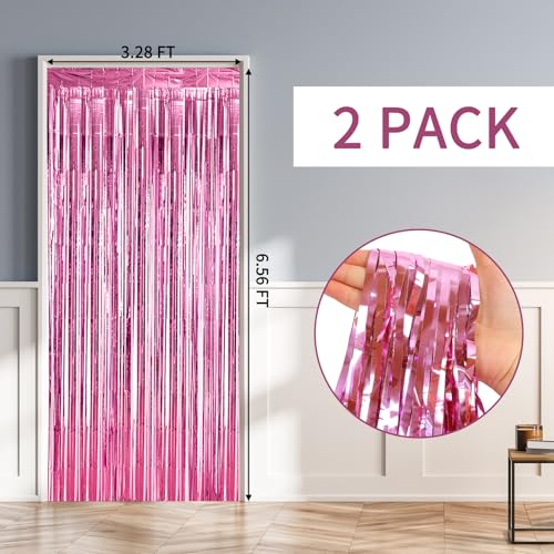 Image of RUBFAC 2 Pack Pink Foil Fringe Curtains Party Decorations Tinsel Metallic Streamers Photo Booth Streamer for New Year Decorations Bachelorette Wedding Engagement Baby Shower Birthday Holiday