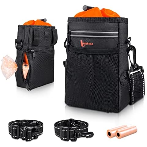 lanktoo Dog Treat Pouch Bag with Poop Bag Holder, Waterproof Puppy Training Walking Bag W/Shoulder Strap, Waist Belt and Clip, Easily Carrying Dog Toys, Food (Black+Orange) Cover