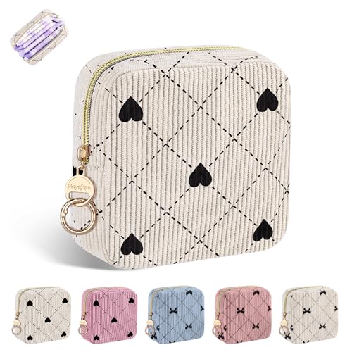 Image of Period Bag for Teen Girls, Corduroy Hearts Sanitary Napkin Storage Bag, Cute Menstrual Pad Pouch Tampon Holder for Purse (Hearts-Beige)