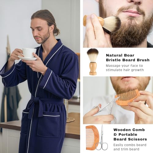 Image of Shyyween 10 Pcs Birthday Gifts Baskets for Men Father Gift Get Well Soon Gifts Beard Care Set Graduation Gift for Him with Bathrobe, Wallet, Beard Comb & Brush Set for Dad Boyfriend Husband(Blue)