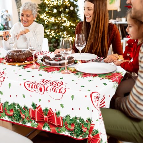 QZYL 2 Pack Christmas Tablecloths, 54" x 108" Xmas Plastic Table Cloth, Poinsettia Holly Bells Design Holiday Disposable Tablecover Rectangle Tablecloth, Christmas Decor Holiday Table Decorations – Image 7