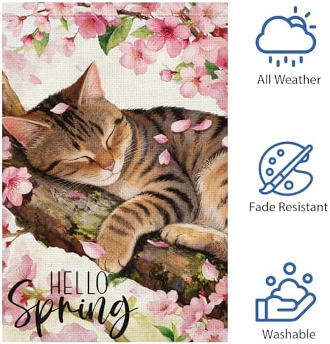 Heyfibro Hello Spring Tabby Cat Garden Flag 12x18 Double Sided Burlap, Watercolor Cherry Blossom Flower Yard Banner for Rustic Seasonal Summer Outdoor Decoration (ONLY FLAG) - 4