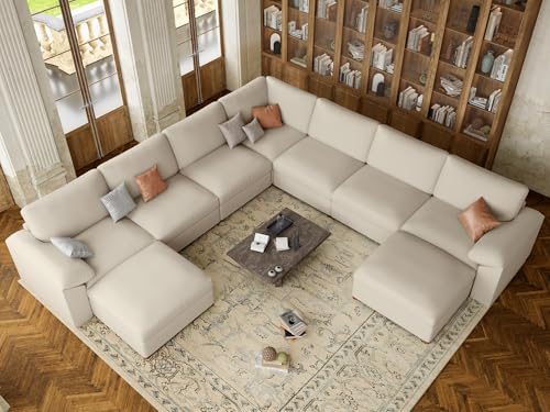 Image of EASE MOOSE Faux Leather Sectional Couch, Oversized Modular Sofa, Modern Comfy Modular Couch, Scratch Resistant Material Sofas, U Shaped Couch for Big Spaces, Beige